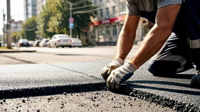 Male highway worker repairing damaged road surface, applying new asphalt layer by hand in urban street footage.