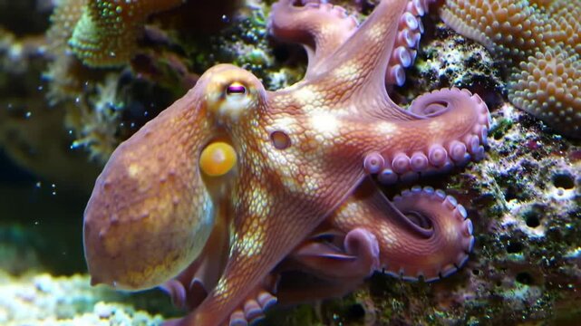 Majestic octopus gracefully explores vibrant coral reef, showcasing intelligent eyes and intricate tentacles in a mesmerizing underwater ballet.