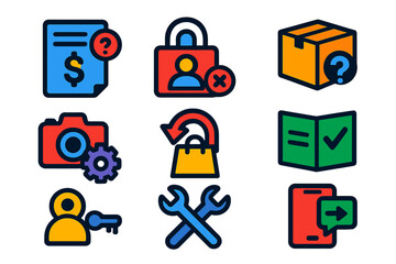Flat Help Center Icons. Flat vector icons of help center sections: billing help section, login issues support, delivery
