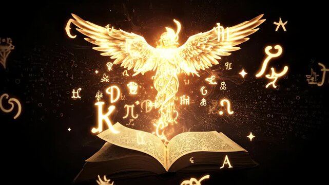 Angelic figure glowing with light appearing from a magic book with symbols and stars flowing from its pages, mystical footage.