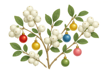 Snowberry branches adorned with colorful vintage christmas bauble ornaments, illustrating winter holidays and decor