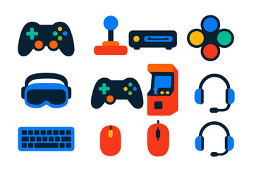 Colorful Gaming Icons. Flat vector icons of video games: game controller, joystick, gaming console, gamepad buttons, VR headset,