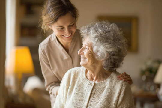 Two smiling women, a senior with gray hair and a middle-aged caregiver, share an affectionate look in a warm, domestic environment. The image beautifully conveys concepts of home healthcare