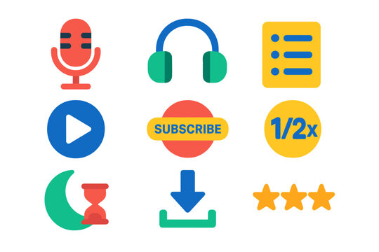 Bold Podcast Icons. Flat vector icons of podcast apps: microphone, headphones, episode list, play button, subscribe badge, speed