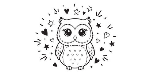 Enchanting Owl with Starry Eyes and Heart Embellishments A Delightful Fantasy Illustration for Children s Art and Cute