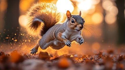 Squirrel leaping in autumn forest