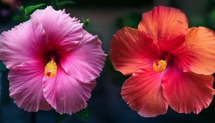 Two Vibrant Hibiscus Flowers One In Bright Pink And Other In Deep Red Are Displayed With Intricate Petal Details And Prominent Yellow Stamens Flowers Exude Tropical Beauty And Elegance