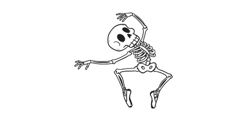 Dancing Skeleton in Ballet Shoes Halloween Art Spooky Season Black and White Line Drawing Funny Illustration Gothic