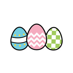 Three decorated easter eggs with blue pink and green patterns isolated on white background