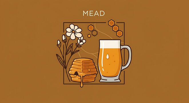 Honey mead illustration with flowers honeycomb mug and stylized shapes