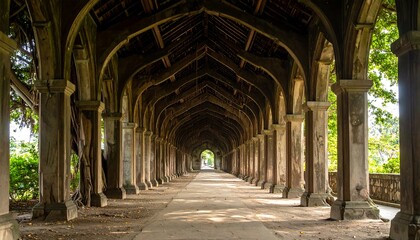 A long, symmetrical corridor with a series of arched wooden structures. The natural light at the tunnel's end enhances the architectural perspective