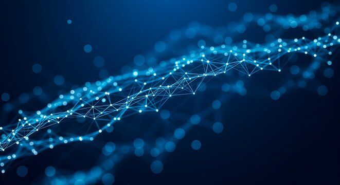 Abstract digital network with connecting lines and dots on dark background - Powered by Adobe