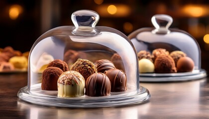 Gourmet Chocolate Truffles Of Various Flavors Are Elegantly Displayed Under Glass Domes