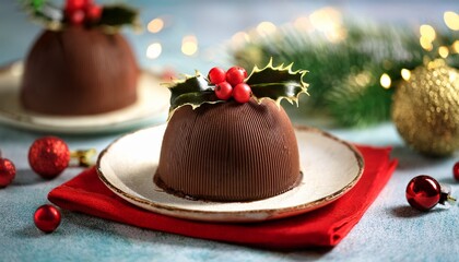 Chocolate Dessert Decorated With Holly And Berries Perfect For Festive Celebrations During Winter Holidays