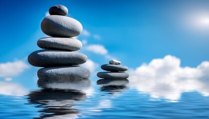 Stacked Stones With Watery Reflection Against Blue Sky