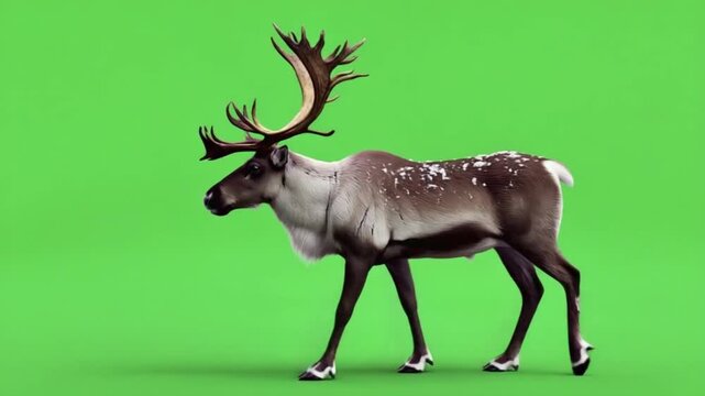 Reindeer walking across a green screen with large antlers and a brown and white coat color pattern christmas reindeer green screen video