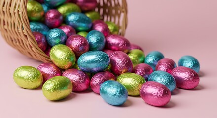 Colorful foil wrapped chocolate easter eggs spilling from woven basket
