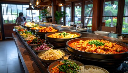 A long table in a restaurant displays various cooked foods like vegetables, salads, and stews, ready to be served to diners