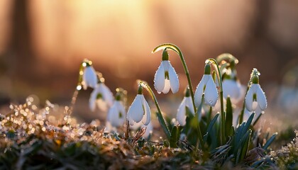 Delicate White Snowdrop Flowers Covered In Dew Drops At Sunrise With A Soft Misty Background White Flower