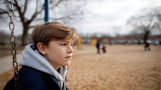 Thoughtful caucasian boy at playground in autumn wearing hoodie and jacket. - Powered by Adobe