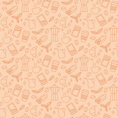 Line Art Coffee Beans Seamless Pattern. Vector Illustration of Drink Cafeteria Linear Outline Style Background. Espresso Cup, Mint Leaf, Cinnamon, Milk Jar, Chocolate, Croissant and Stars.