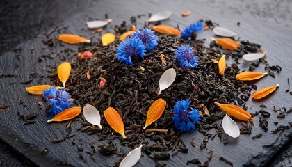 Earl Grey Loose Leaf Tea Blend With Cornflower And Orange Blossom Petals On Dark Marble Board Close Up