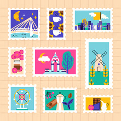 Coffee Postal Stamps Concept. Vector Illustration of Drink Cafeteria Flat Style Background. City Buildings, Nature, Flowers, Milk and Croissant.
