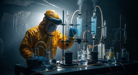 Man in hazmat suit at clandestine laboratory, producing illegal chemical substance using various glassware and tubes. Underground drug production.