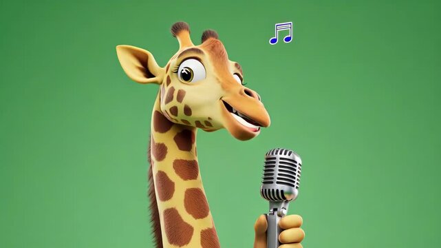 A cartoon giraffe singing into a vintage microphone against a solid green colored background space