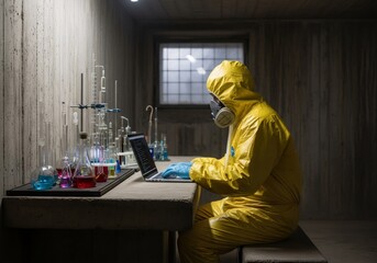 Scientist wearing yellow hazmat suit and respirator mask, typing on laptop in clandestine drug lab. Developing illegal substances for illicit trade.