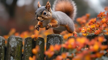 Obraz premium Squirrel leaping over autumn fence