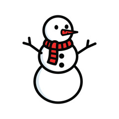 Cute cartoon snowman with red striped scarf and carrot nose isolated on white background