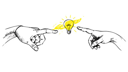 Hands pointing idea lightbulb creative inspiration innovation solution concept brainstorming creativity solution