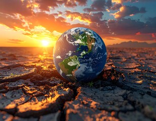 Earth in cracked, arid landscape at sunset