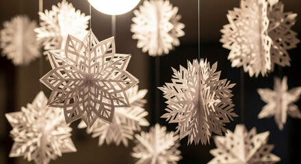 White paper snowflakes hanging holiday decorations christmas winter diy craft festive seasonal snow...