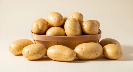 Fototapeta premium Fresh raw potatoes in a wooden basket. Healthy vegetable produce from the harvest. Staple food ingredient on a beige background.
