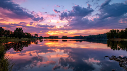 Scenic sunset over a tranquil lake with colorful clouds reflecting in the water, surrounded by lush trees and a serene atmosphere, creating a picturesque landscape
