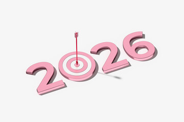 Pink number 2026 with target icon with a red arrow isolated on white background. Concept of success, growth and achievement of goals in the new year 2026. 3d illustration, render.