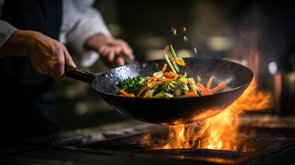 Chef tossing vegetables in a wok over an open flame, creating a dynamic culinary scene with vibrant colors and a sense of motion in a restaurant kitchen