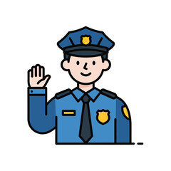 Friendly cartoon police officer in uniform waving hello isolated on white background
