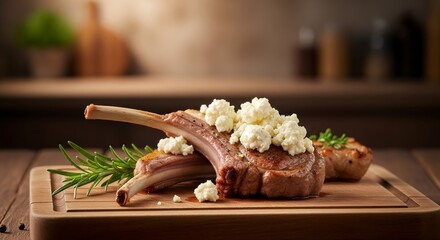 Gourmet grilled lamb chops with crumbled feta cheese and rosemary. A delicious meat dish served on a wooden cutting board.