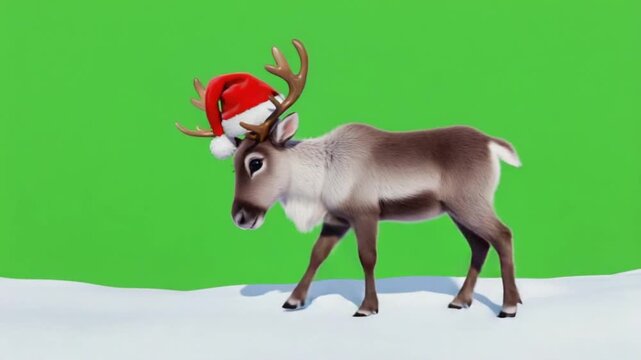 Animated reindeer wearing a santa hat walking on snow against a green screen background animation christmas reindeer green screen video