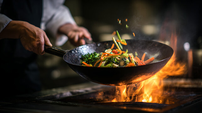 Chef tossing vegetables in a wok over an open flame, creating a dynamic culinary scene with vibrant colors and a sense of motion in a restaurant kitchen