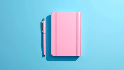 A flat lay composition features a closed pink notebook and a matching pen on a vibrant blue backdrop, creating a clean, minimalist aesthetic