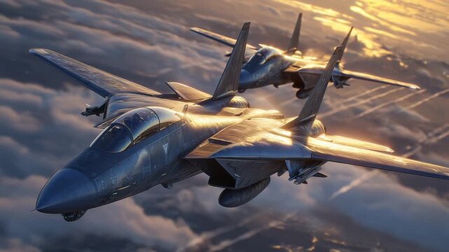A stunning aerial view captures three modern fighter jets soaring through clouds, their sleek wings and engines aglow in golden sunlight.