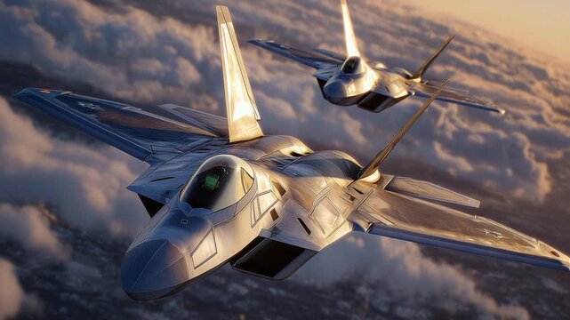 A stunning aerial view captures three modern fighter jets soaring through clouds, their wings and engines aglow in golden sunlight.