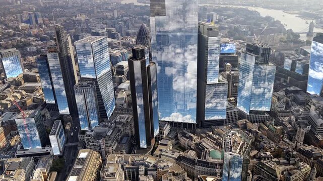 london city financial skyline from a helicopter with cloud videos mapped