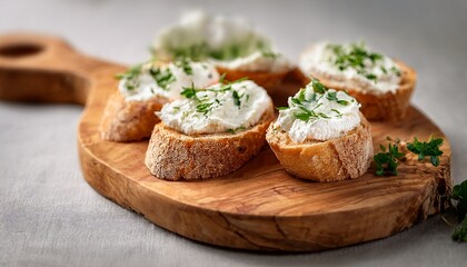 Ciabatta Slices With Cream Cheese And Herbs On Olive Wood Board