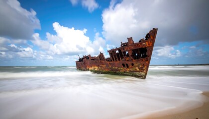 A long-exposure shot of a rusted shipwreck on a sandy beach under a bright blue sky filled with puffy white clouds