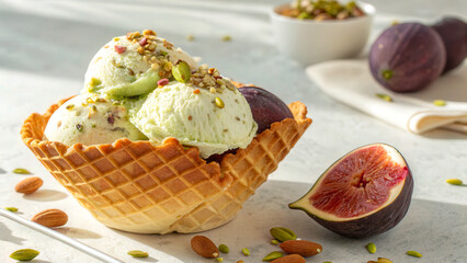 Delicious Ice Cream Dessert with Fresh Figs and Nuts in Waffle Bowl